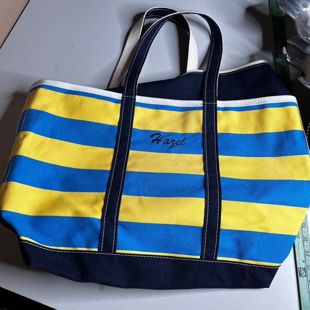 LL Bean Boat and Tote Canvas Bag Striped Yellow Blue Hazel Monogram Large Zip